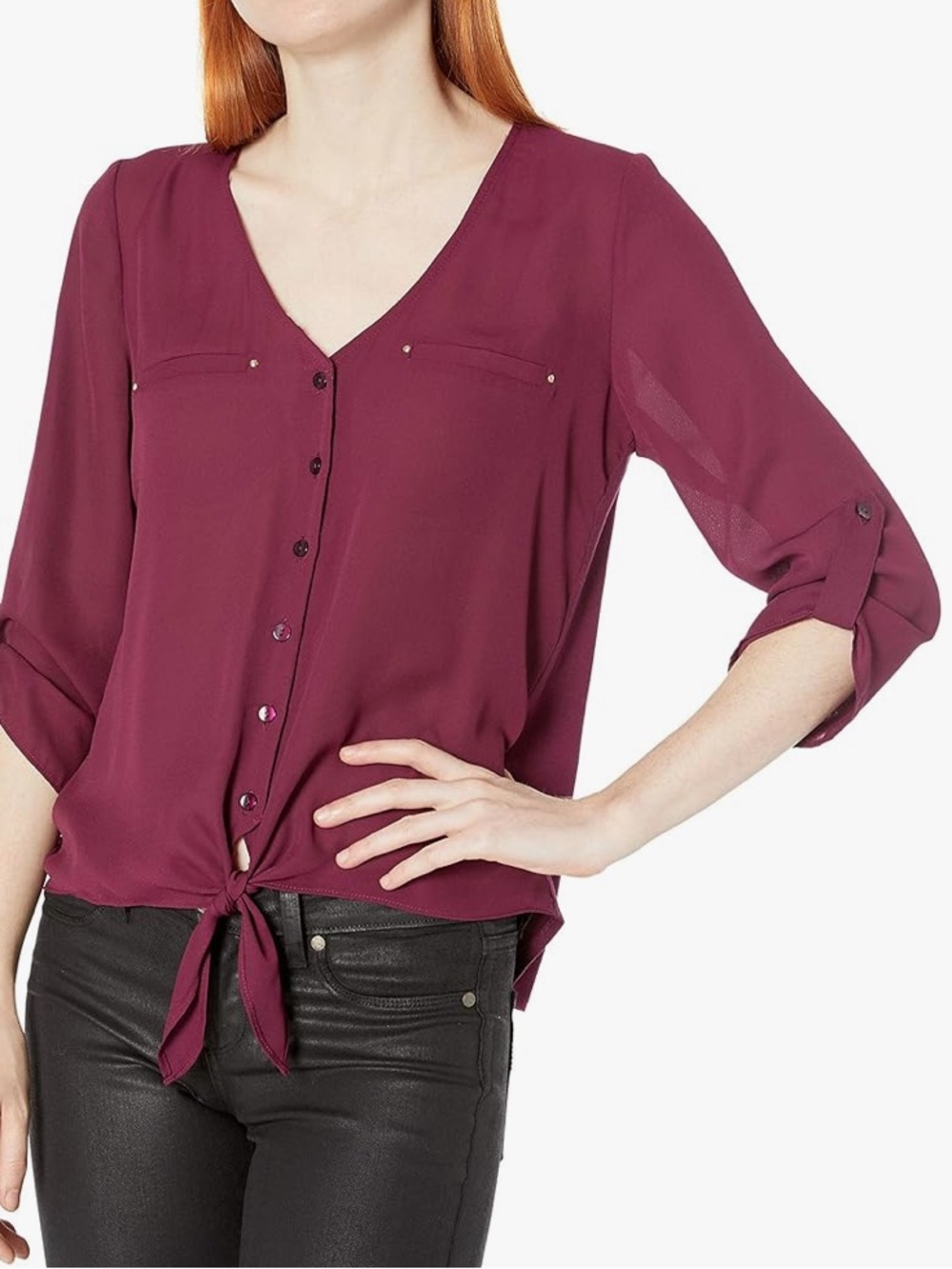 Stitch Fix Fortune + Ivy Caziah mixed media Button-Front Tie Hem Blouse Burgundy